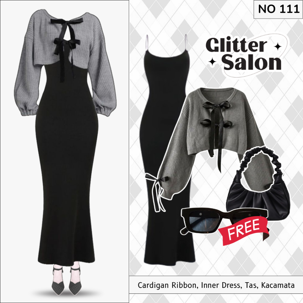 Satu Set Dress OOTD Pantai (Cardigan Ribbon, Inner Dress, Tas, Kacamata) Outfit Wanita Casual |NO111