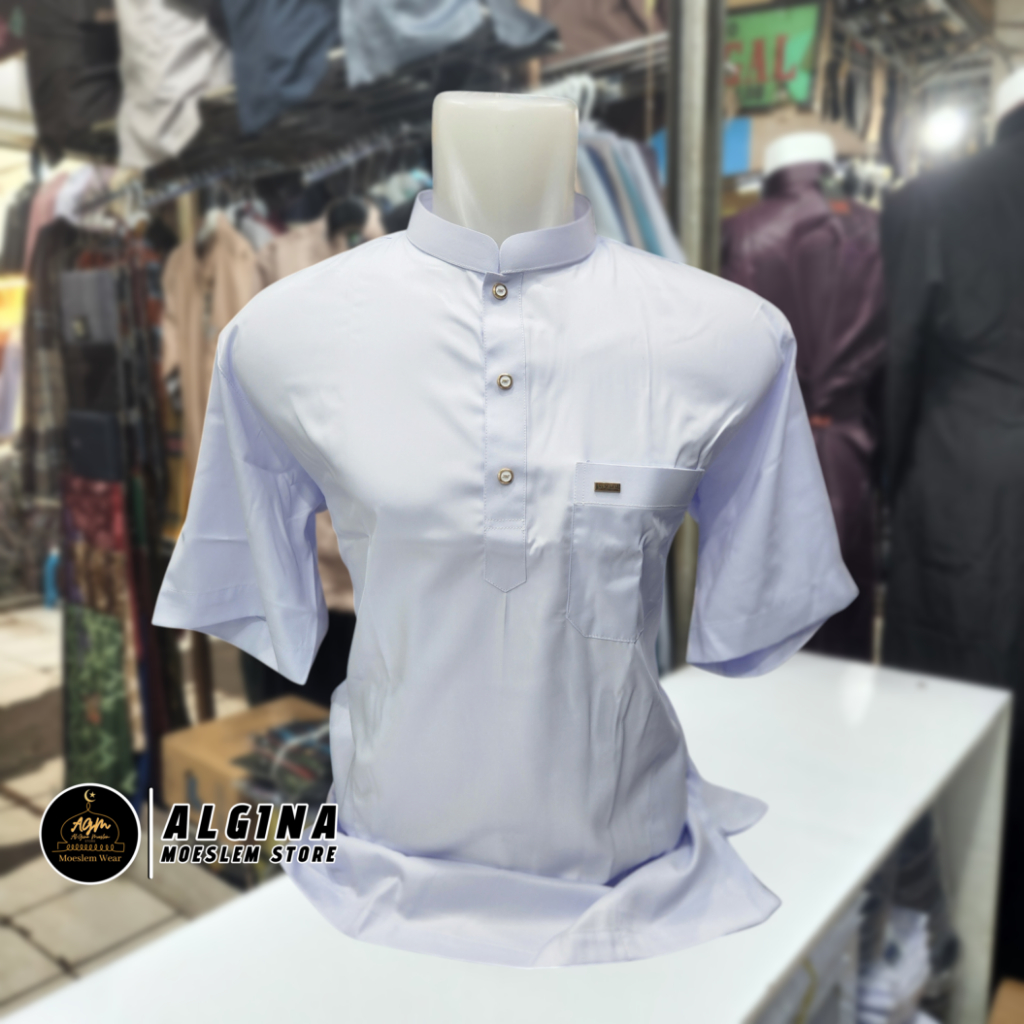 Koko Al Wafa Putih KS Kancing Separo Lengan Pendek Bahan Satin Korea | Baju Muslim Lengan Pendek Al 