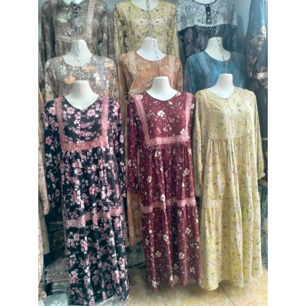 Gamis Slavina Midi Rayon Print Renda Premium