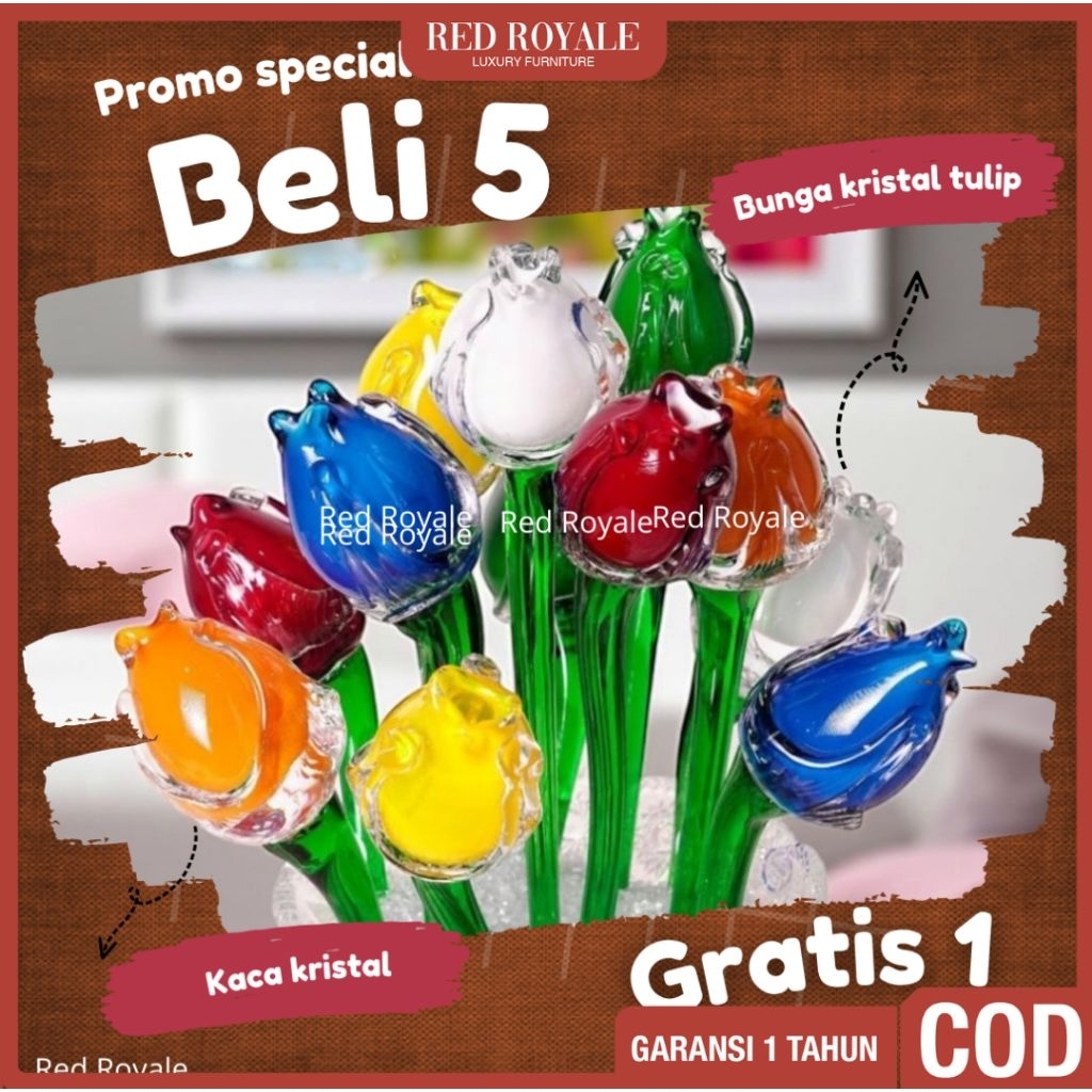(Garansi Pecah) PROMO 12.12 BELI 5 GRATIS 1 bunga kristal kaca mekar tulip dekorasi hiasan ruang tam