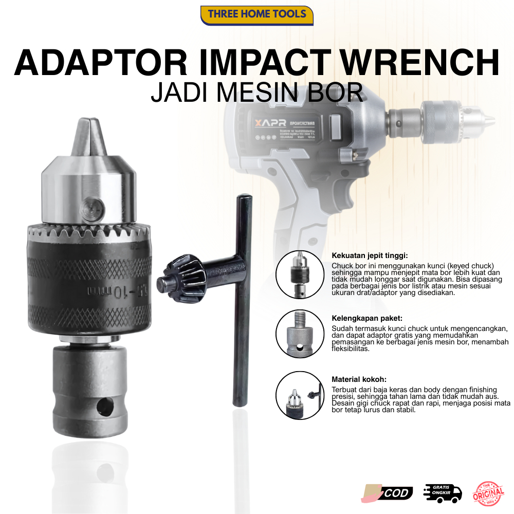 Paket Promo - Adaptor Drill 1/2" Chuck Impact Adaptor Converter Impact Wrench & Kepala Bor Drill Chu