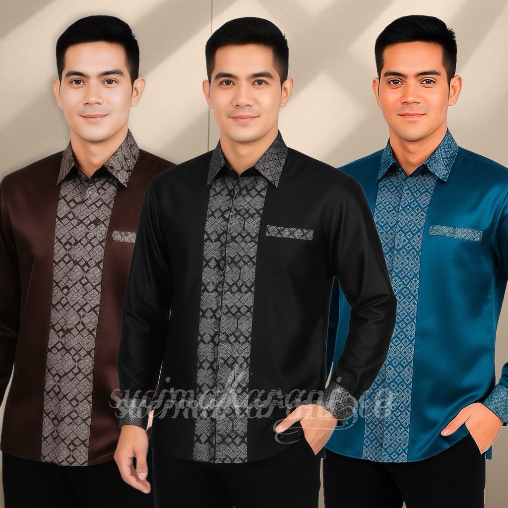 kameja satin kombinasi pria songket batik palembang modern baju kondangan polos variasi songket