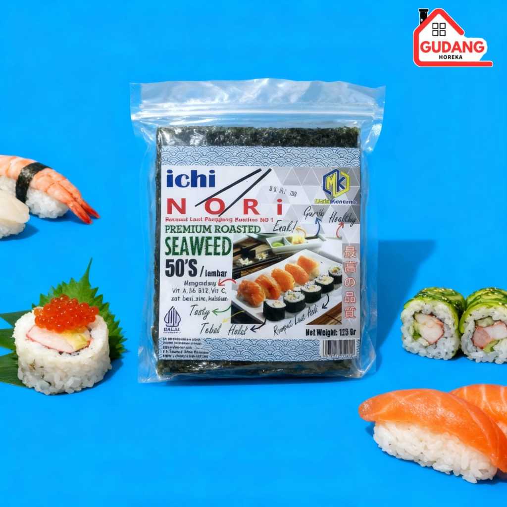ICHINORI SUSHI NORI 50 SHEET / SUSHI NORI 50 LEMBAR / SUSHI NORI GRADE A HIJAU GELAP SUSHI KIMBAB
