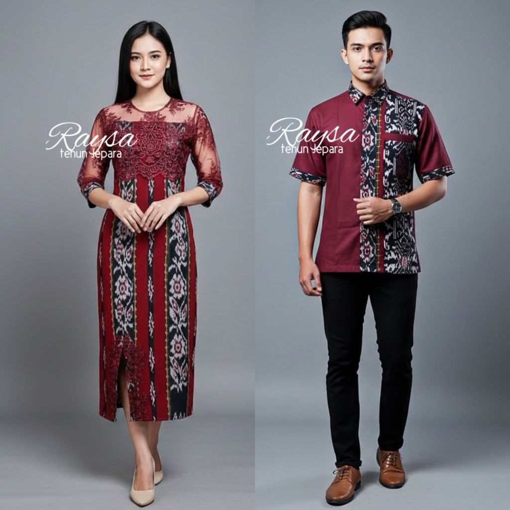 RAYSA tenun couple baju tenun couple dres tenun ikat mix brokat dan kemeja tenun ikat mix katun TOYO