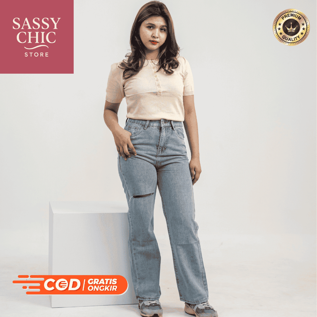 BIG SALE - Celana Jeans High Waist Wanita Sobek - Ripped Jeans Korean Style Highwaist - Celana Jeans