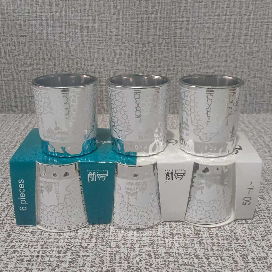 GELAS ANTIK "MODEL LURUS" 6 PCS GELAS AIR ZAM ZAM WARNA GOLD MEWAH MODERN OLEH OLEH HAJI DAN UMROH