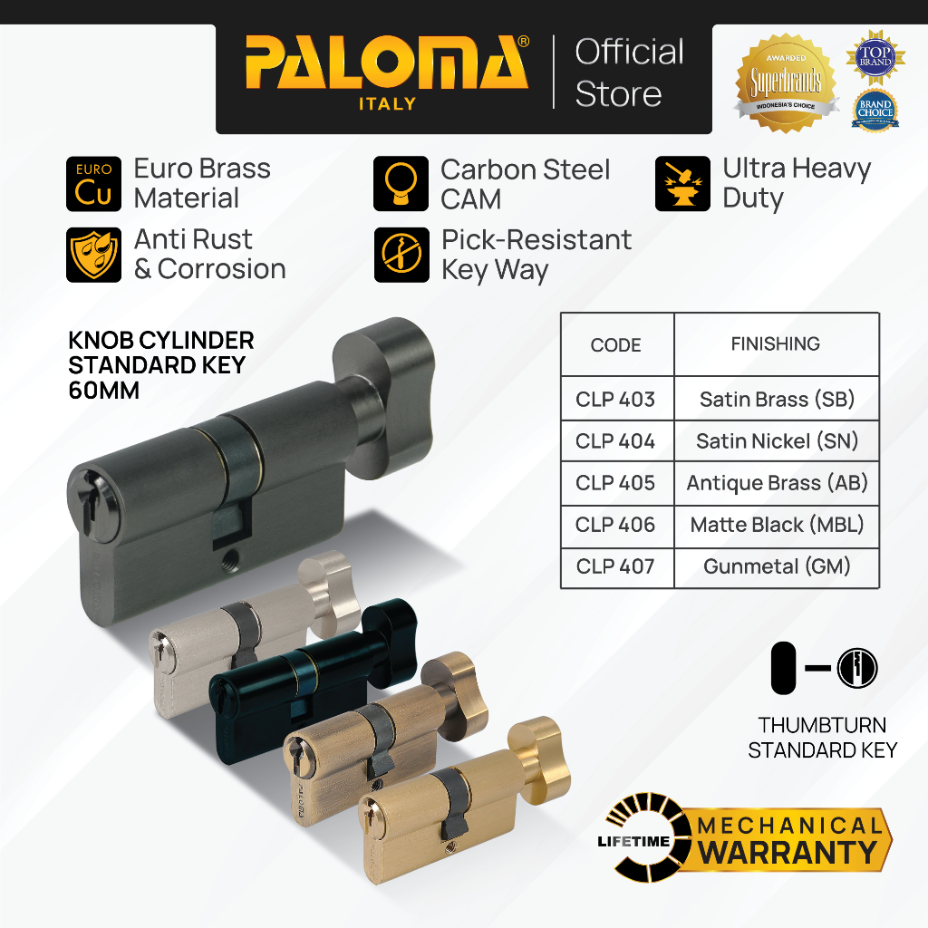 PALOMA Cylinder Kunci Pintu Silinder Knob Anak Standard Key KC-SK Brass Kuningan Gold Emas Grey Abu 