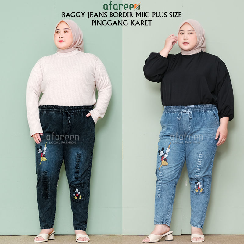 AFAREEN - Kulot Jeans Bordir Mickey Kulot Pinggang Karet Boyfriend Baggy Pants Jumbo BB 60-95 Kg