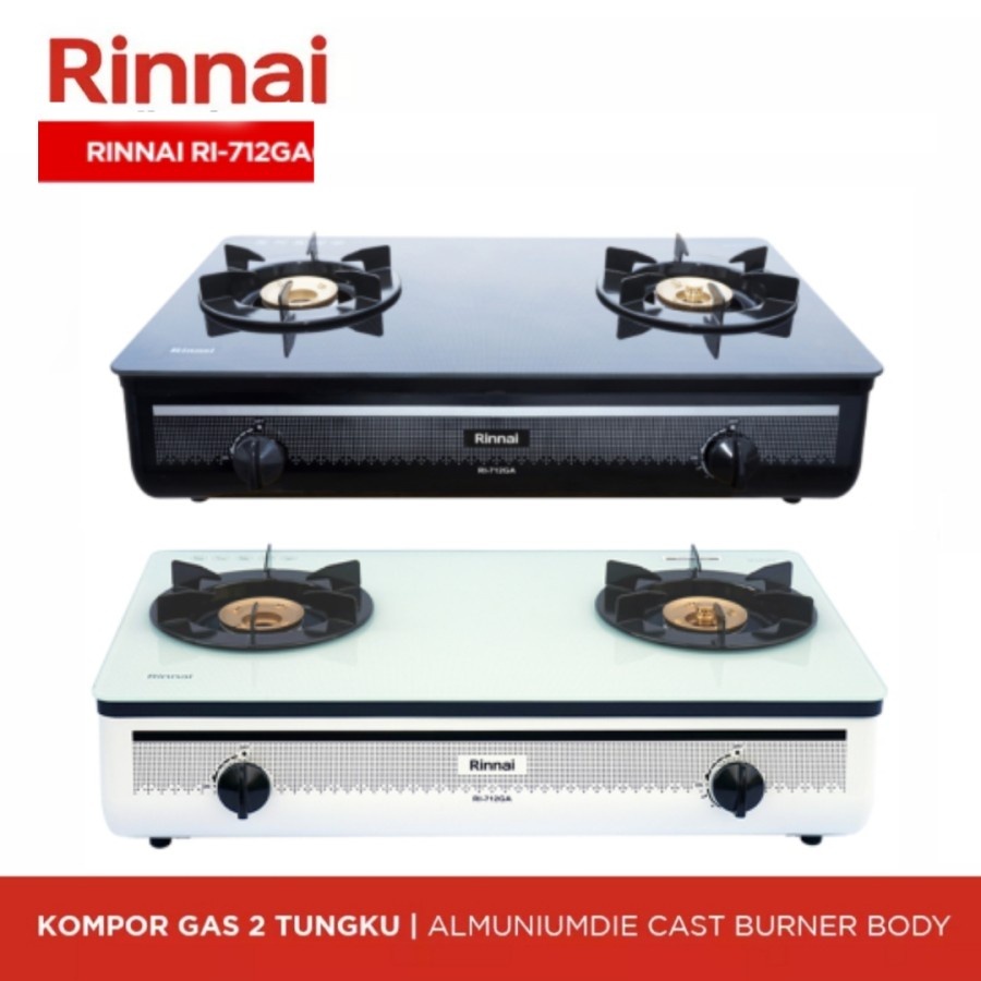 Kompor Gas Kaca 2 Tungku Rinnai RI-712GA Putih / Hitam + Api Lilin