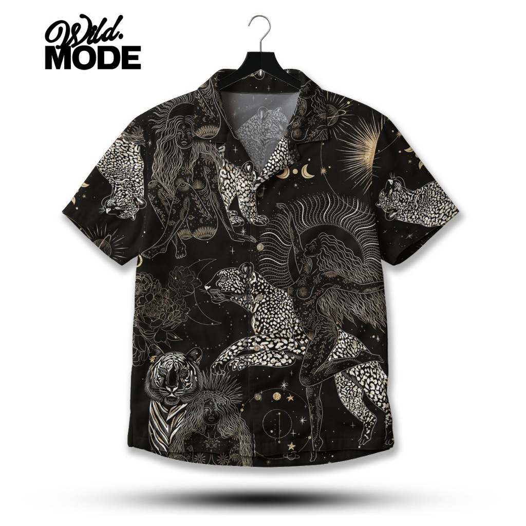 WILD Kemeja Full Print Motif Astrologi Spiritual Black and Gold – Desain Vintage Mystical | WD-563
