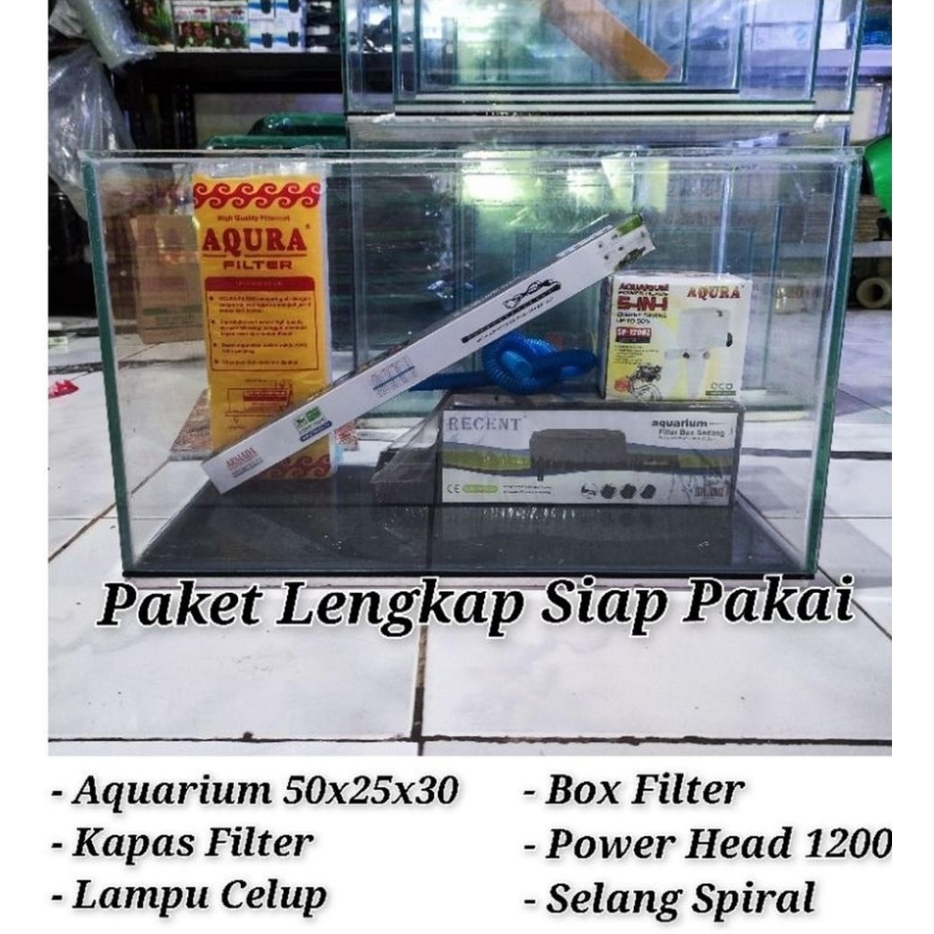 Paket Lengkap Aquarium 50x25x30 Cm Plus Power Head Lampu Celup Box Filter Kapas Filter Selang Spiral