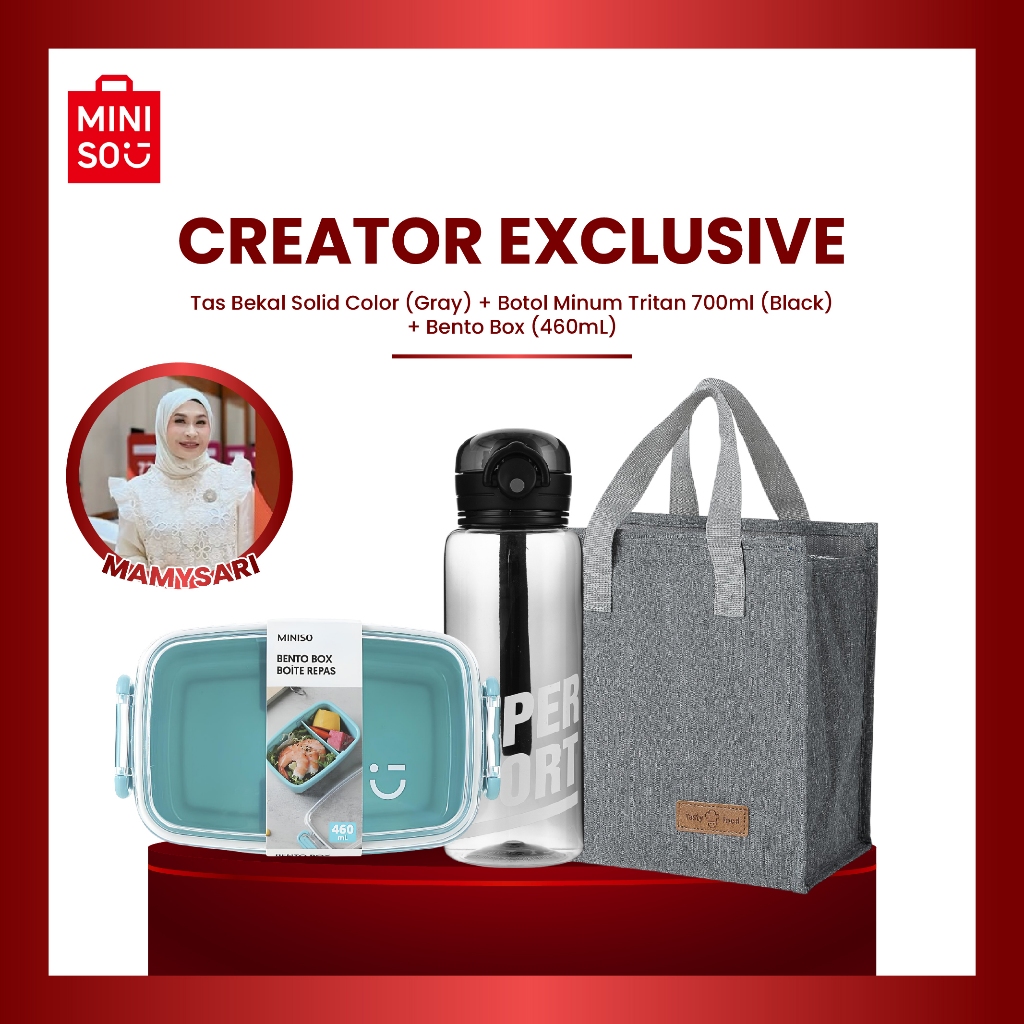 [EXCLUSIVE MAMYSARI] MINISO Tas Bekal Solid Color + Botol Minum Tritan 700mL (Black) + Bento Box 460
