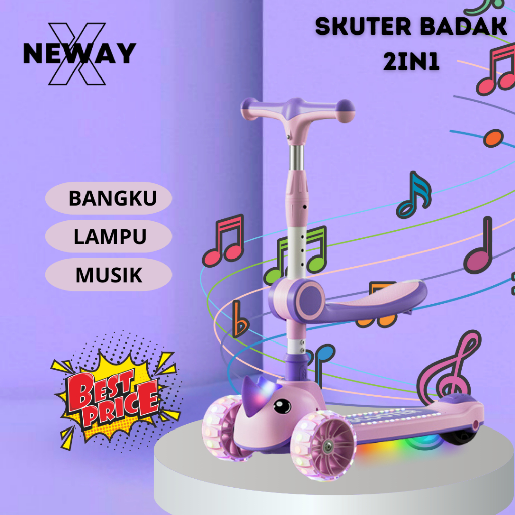 NewayX Skuter Mainan Anak Badak 2 in 1 Scooter Lipat 2in1 Duduk Roda Tiga Lampu Musik Rem Toys