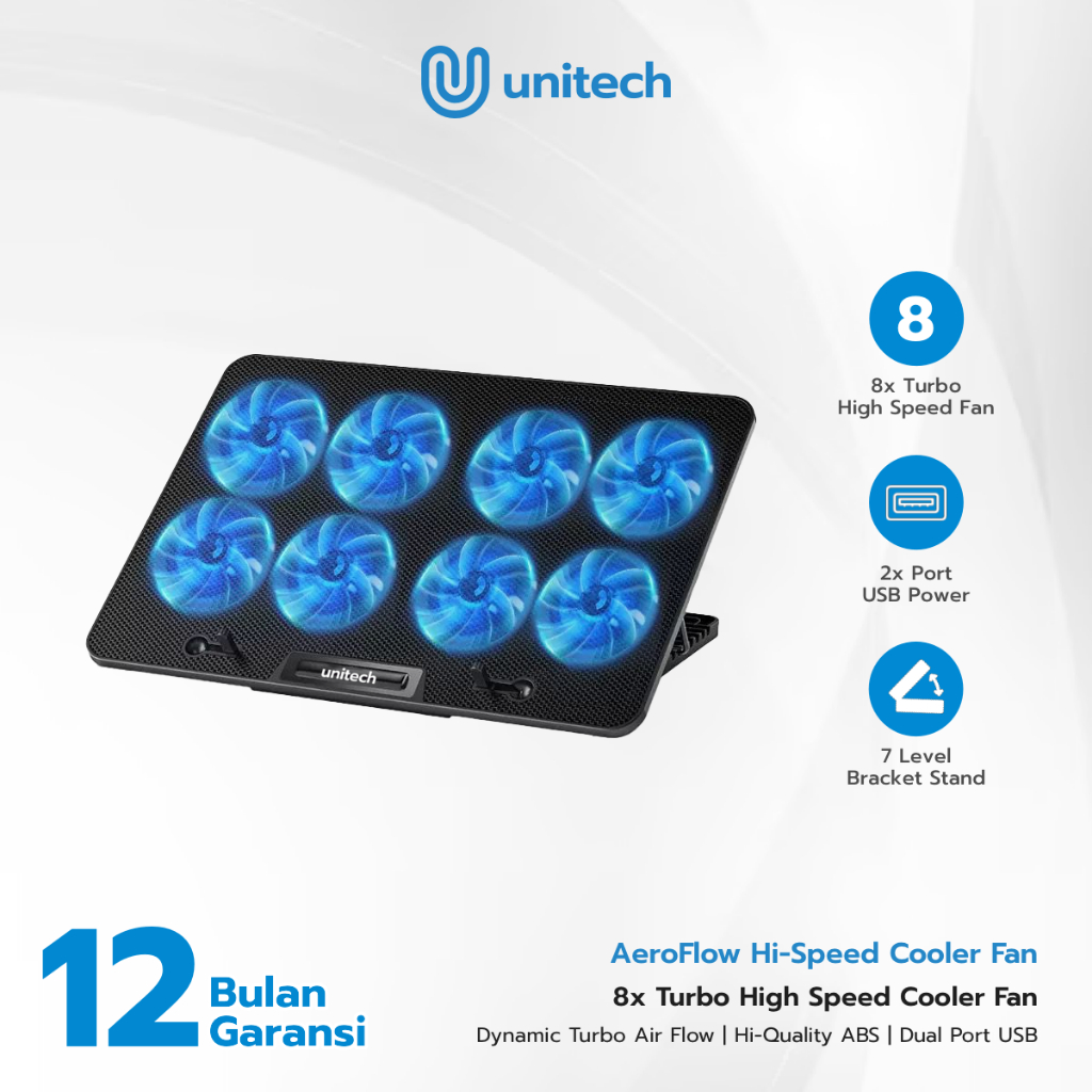 Cooling Pad Laptop Gaming Unitech AeroFlow Hi Speed Cooler Fan - Cooling Pad 8 Fan Blue LED