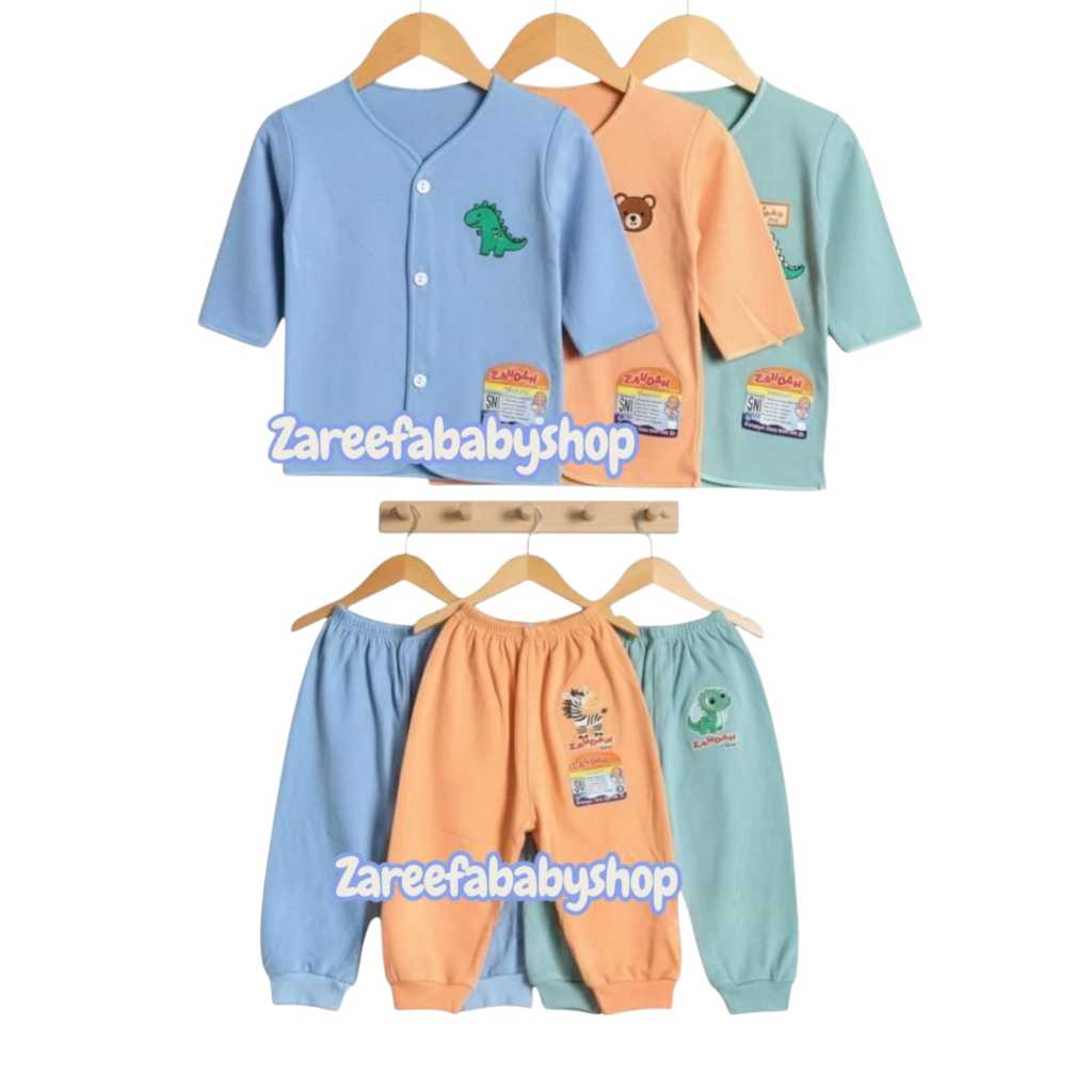 3 Stel Baju Bayi Lengan Panjang Celana Panjang Zahdan Polos Warna 0-6 Bulan