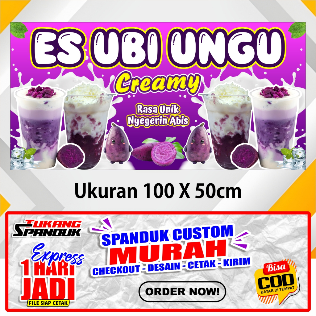 Banner ES UBI UNGU, Spanduk ES UBI UNGU VIRAL, ukuran 100x50 cm, COD / Banner ES UBI UNGU, Spanduk E