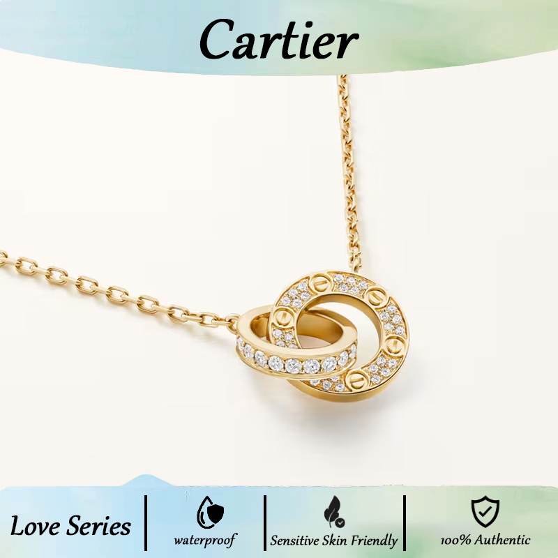 Cartier 18K Gold Seri LOVE Kalung Titanium Wanita Kalung Wanita - Liontin Cincin Ganda Berlapis Berl