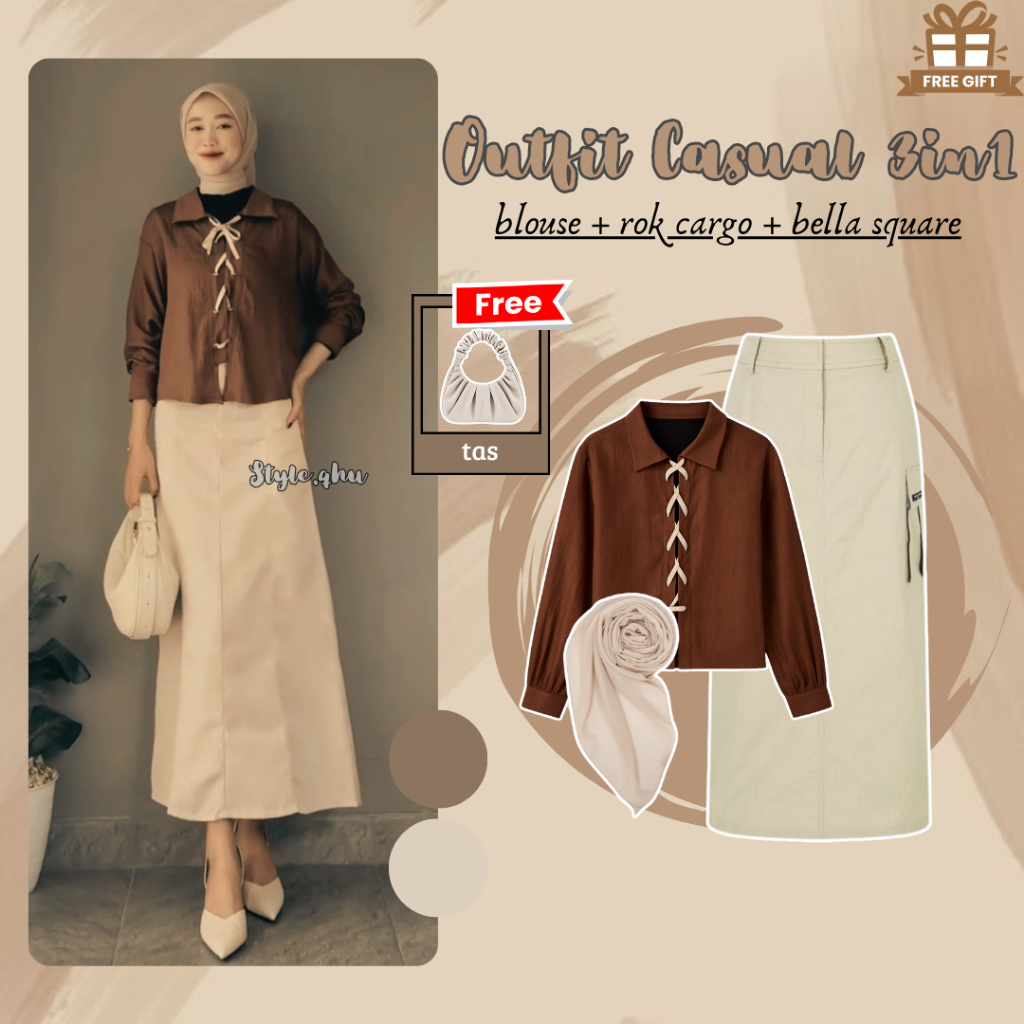 One Set Rok Hijab OOTD ( Blouse Tali + Rok Cargo Cream + Bella Square ) OOTD Korean Kekinian K-S083