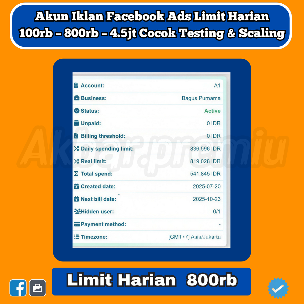 Akun Iklan Facebook Ads Limit Harian 100rb – 800rb – 4.5jt Cocok Testing & Scaling