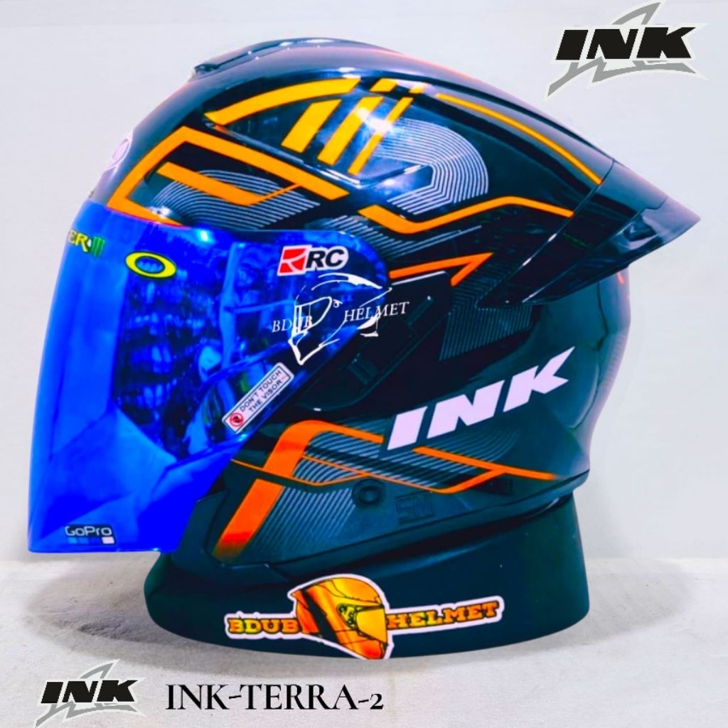 Helm INK Terra 2 Motif #1 Black Orange fluo paket ganteng spoiler 3D Original INK