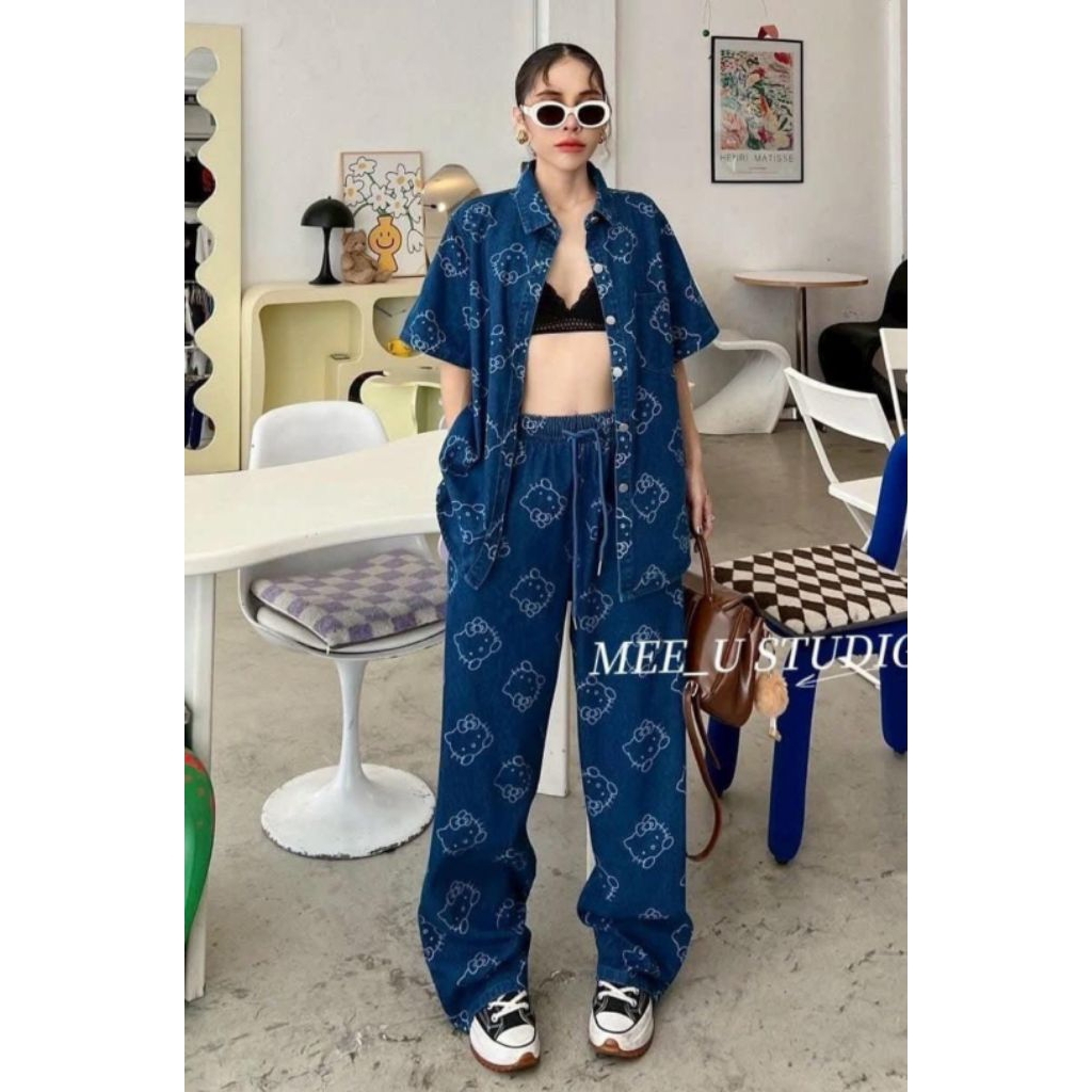 one set lengan pendek denim import setelan wanita