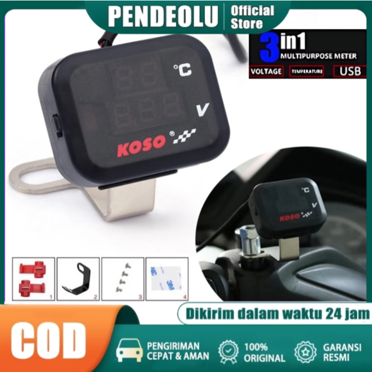 Voltmeter Koso 3 in 1 USB Charger Universal Semua Motor Anti Air Original Termometer DigitalJam Suhu
