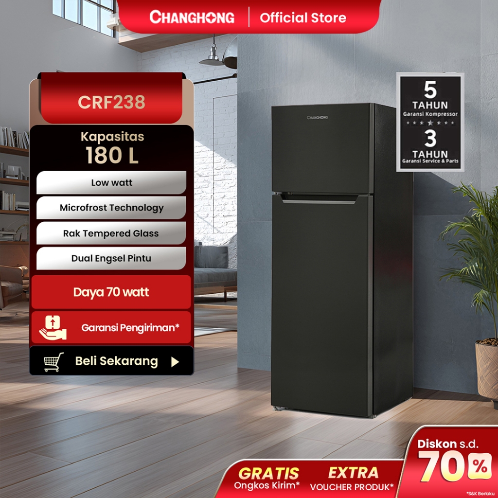 Changhong Kulkas 2 Pintu (Refrigerator) Lemari Es Kapasitas 180 Liter CRF238 Black (Semi Auto No