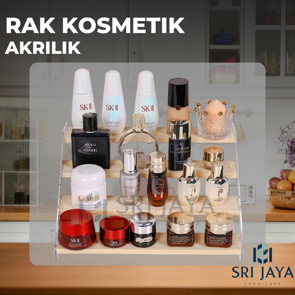 Rak Tempat Wadah Kosmetik Makeup Parfume Skincare Rak Susun Kayu Aesthetic Akrilik