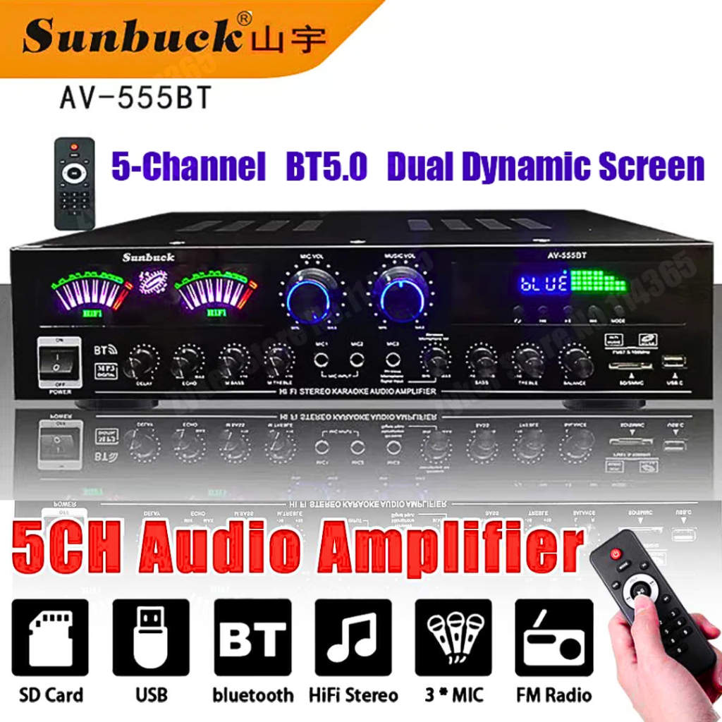 Sunbuck Av-555Bt Ampli Amplifier Karaoke Masjid Bluetooth Super Bass Rumahan Eq Mixer Audio Fm