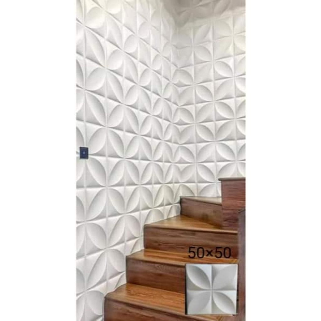 Wall Panel 3D Beton Motif Daun 50x50 cm | Panel Dinding 3D Tempel Semen Putih – Ornamen Dekorasi Din