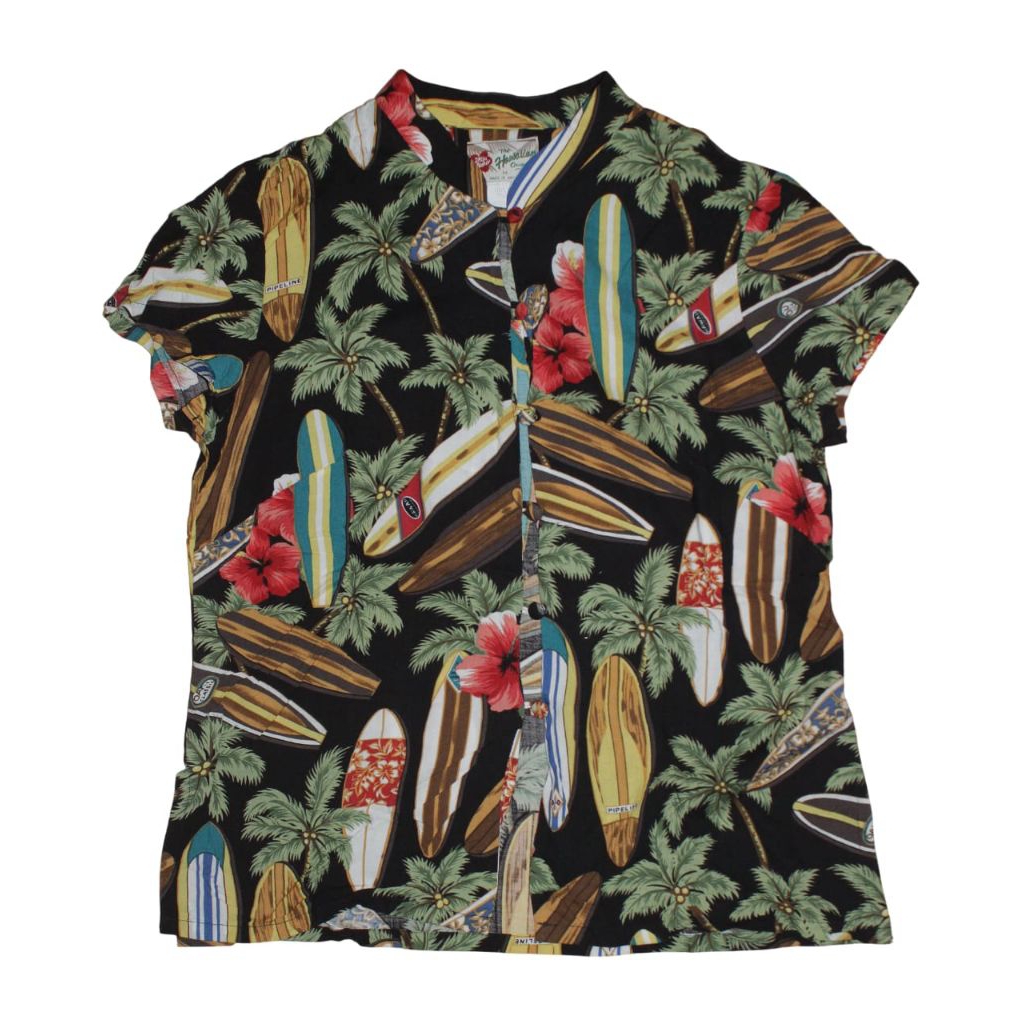 Hilo Hattie Hawaiian Shirt Womens  Black Surf Board Tropical Aloha Beach