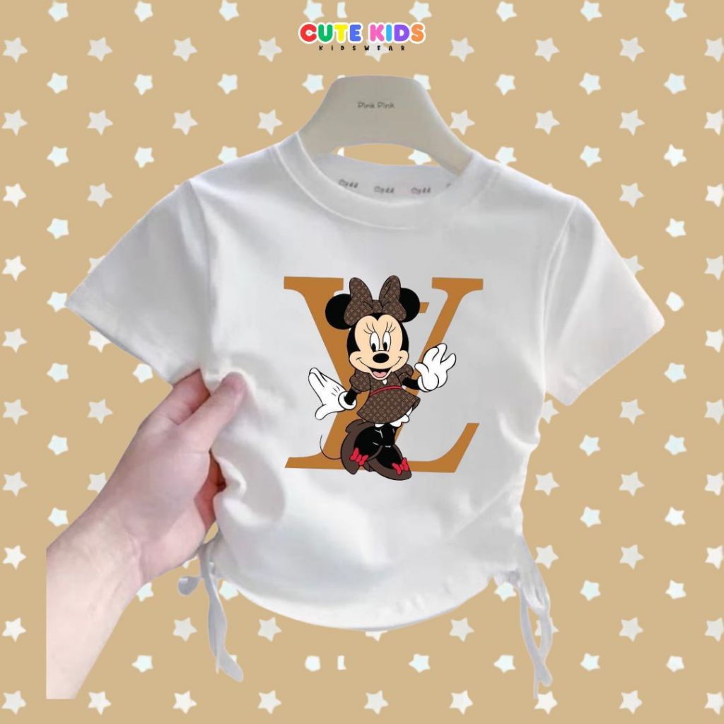 Kaos Anak Perempuan Mickey LV Crop Tali Serut Pinggang - Baju Anak Cewek Katun