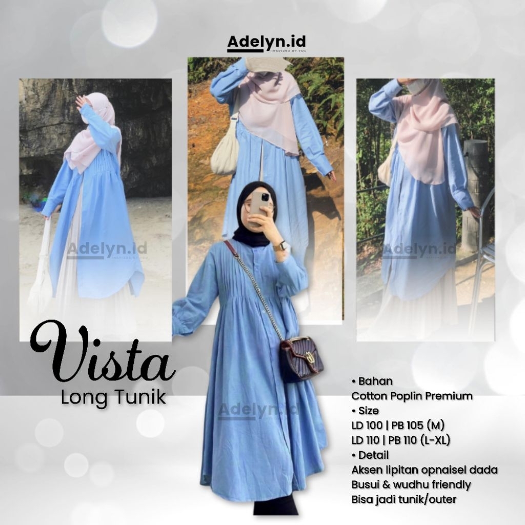 By Adelyn.id Vista Long Tunik Bahan Katun Linen Premium-Tunik Korean Style Warna Biru Bluesky-Tunik 