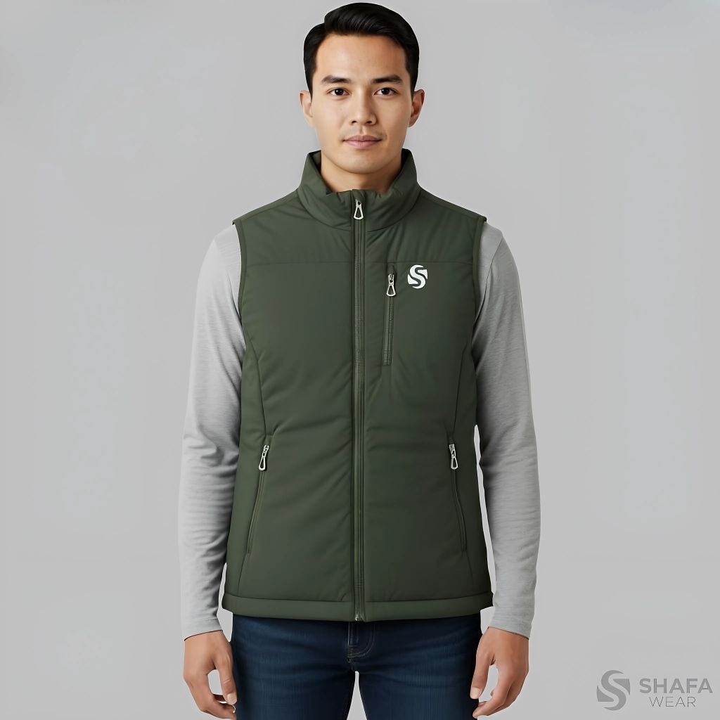 ROMPI VEST PRIA OUTDOOR BIG SIZE JUMBO SHAFA WEAR - Rompi Motor Puffer Army Green Tebal Hangat Ukura