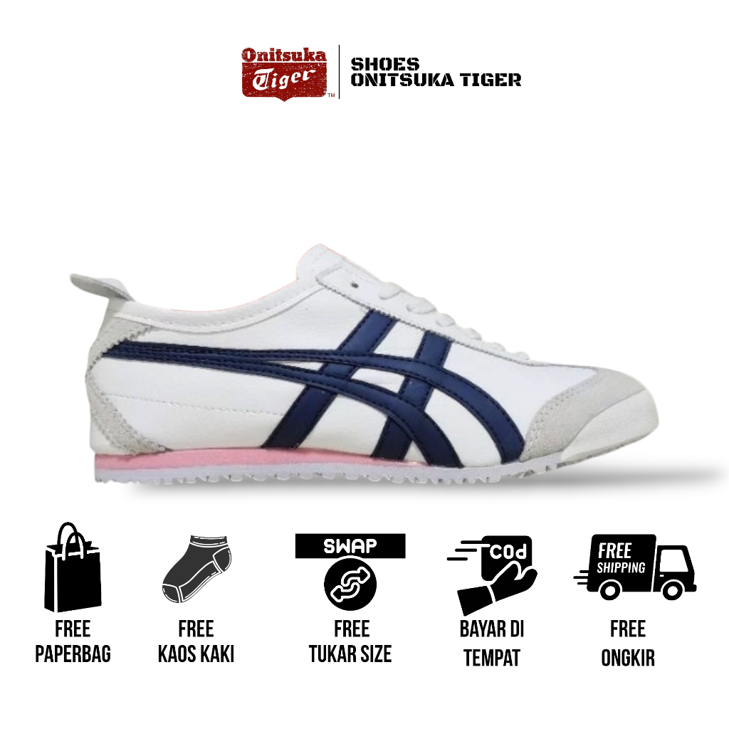 Sepatu Onitsuka Tiger Original Indo Tali White Blue Pink Free paperbag & kaos kaki