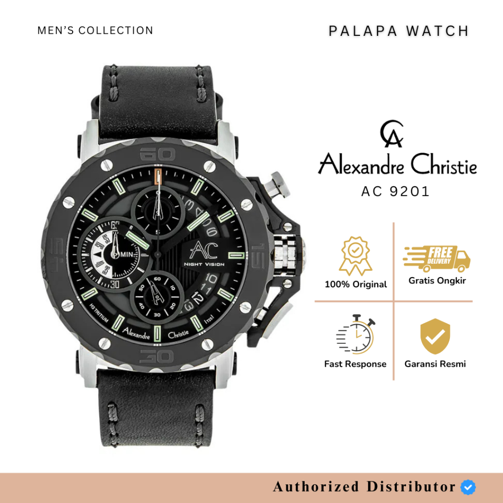 Jam Tangan Pria Alexandre Christie AC 9201 / ac9201 / 9201 Silver Black Tali Kulit Original