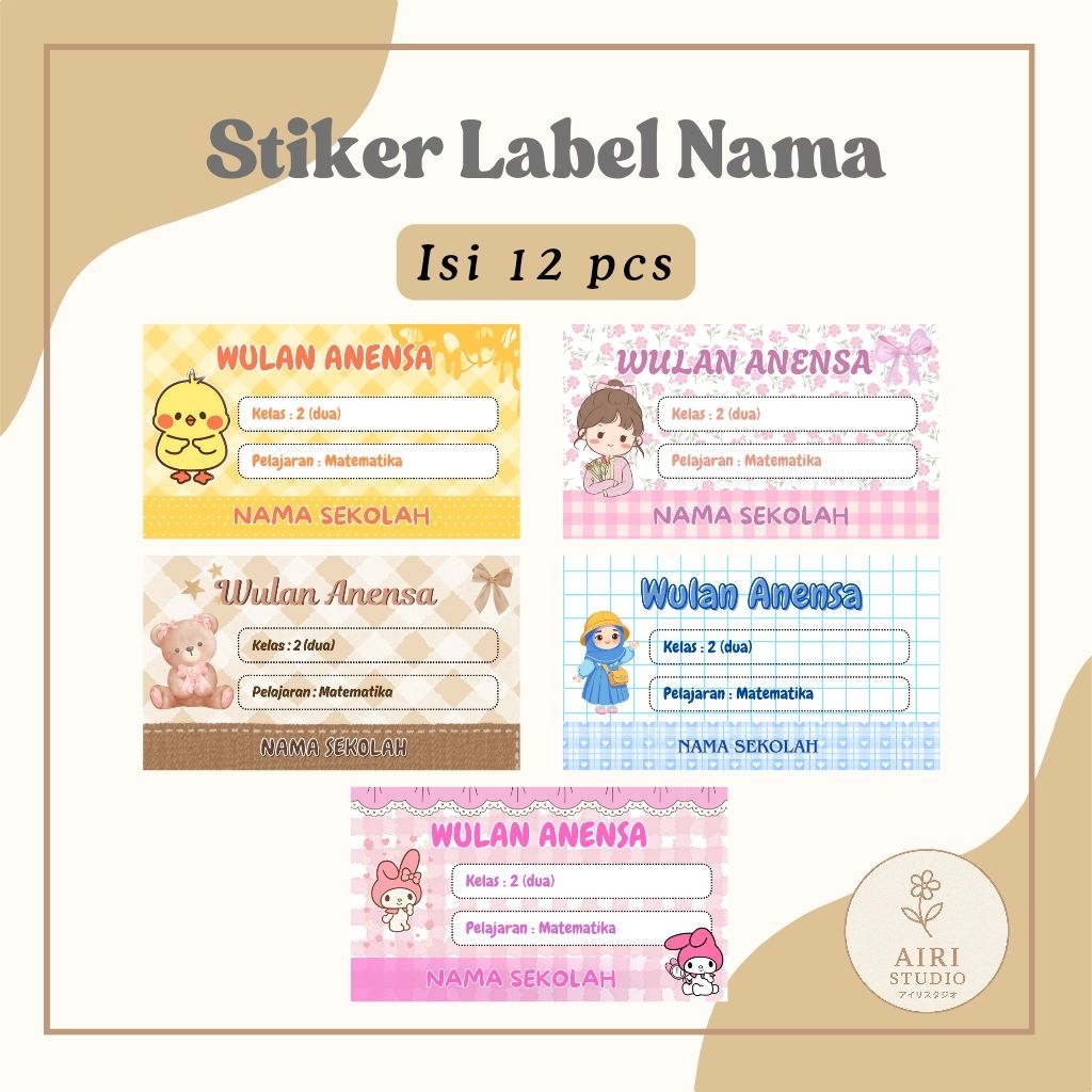 Stiker Label Buku Nama Custom - Label Buku Sekolah Cute & Aesthetic | Isi 12 pcs