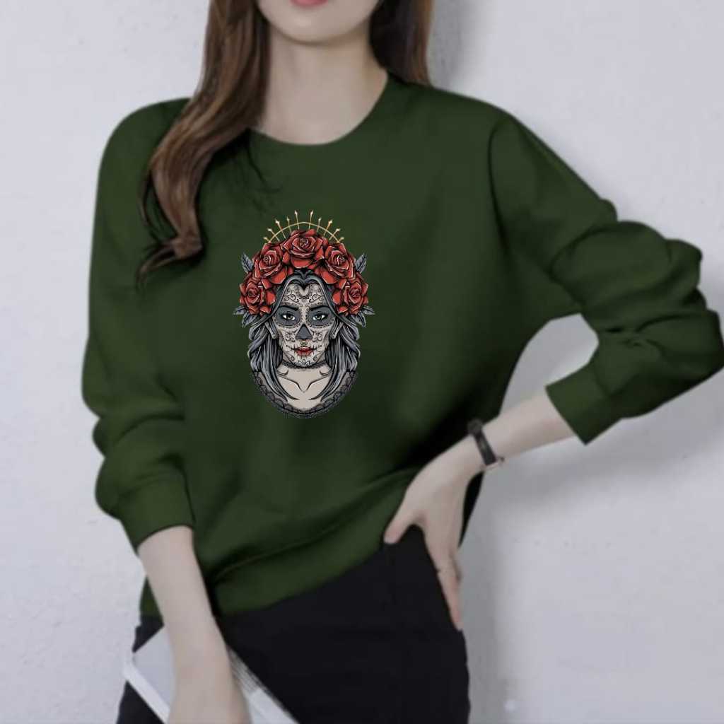 KAOS ATASAN LENGAN PANJANG WANITA DEWASA KEKINIAN MOTIF KEPALA TATO TRENDY GAMBAR CETAK PRINT DTF TE