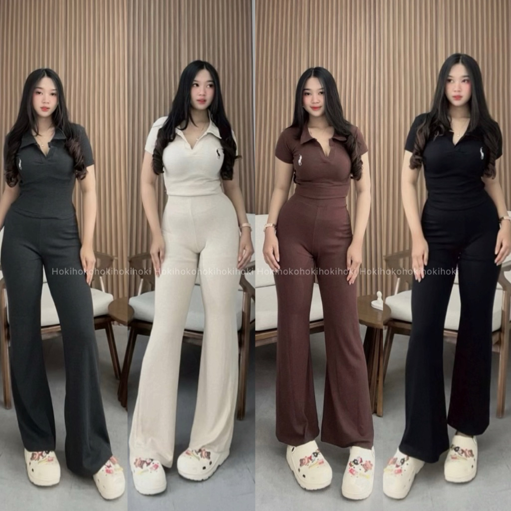 Setelan Atasan Crop Berkerah dan Celana Panjang Slit Wanita Korean Style