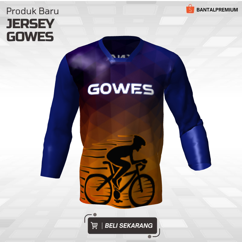 Kaos Jersey Gowes Sepeda Biru Orange Motif Geometris 03 - Jersey Lengan Panjang