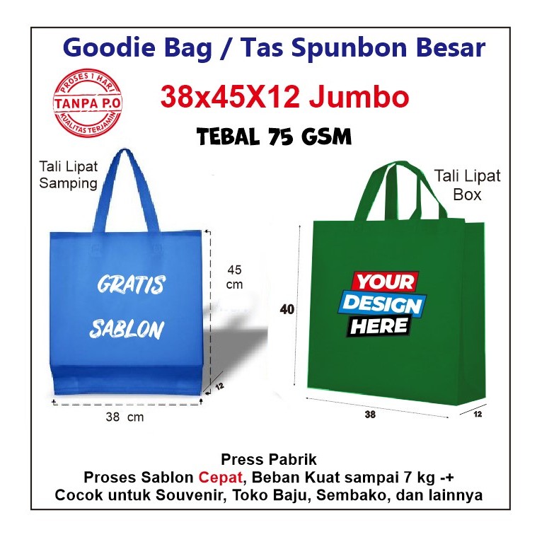 TAS SPUNBOND 38x45x12 SABLON CUSTOM / Goodie bag Besar / TAS SOUVENIR / Box Standing 38x40x12