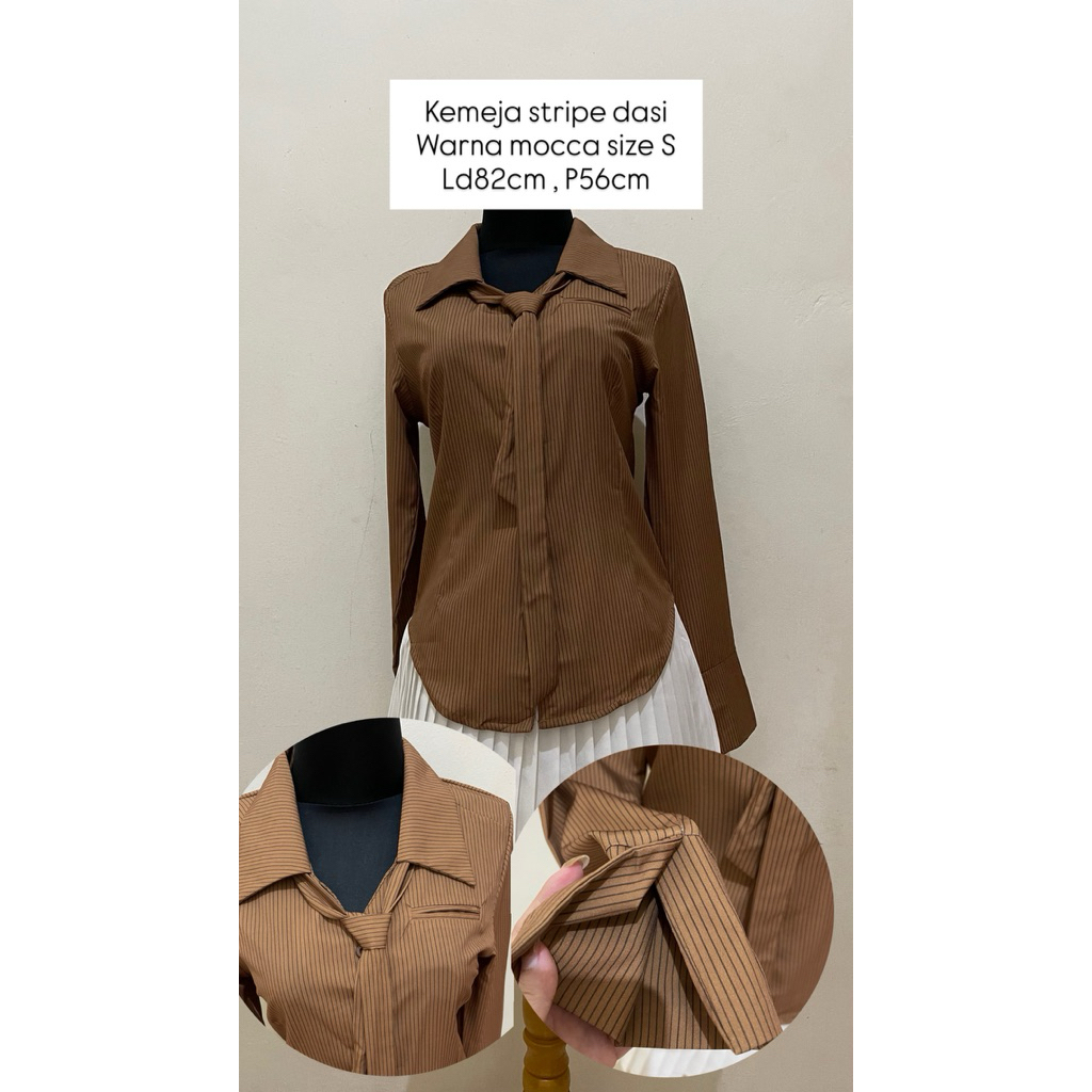 kemeja wanita / kemeja lengan panjang wanita / kemeja stripe dasi mocca