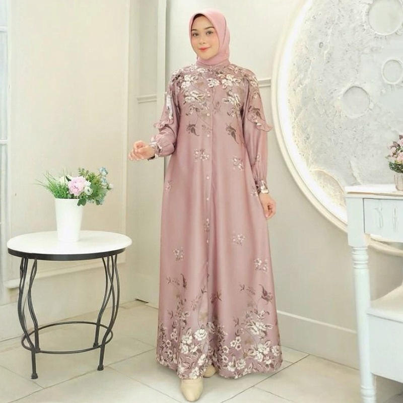 GDTIMA Gamis Wanita Muslim Rekomendasi Baju Lebaran Dress Premium Motif Bunga Lengan Panjang Elegan