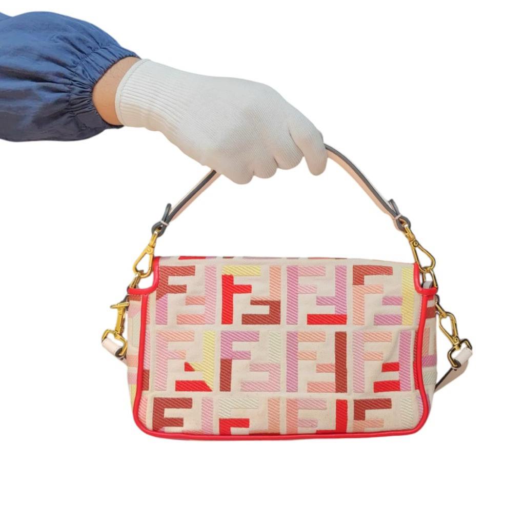 Fendi Baguette Zucca Monogram Pink  Embroidered  Satchel