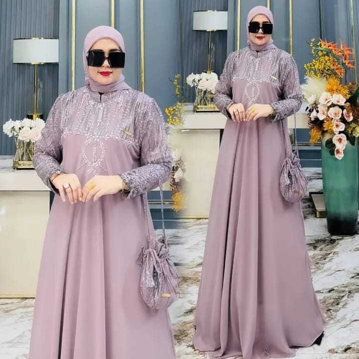 YUMNA Dress Pesta Ceruty Babydoll Mix Tile Spanggel Variasi Payet Gamis Pesta Muslim Elegan