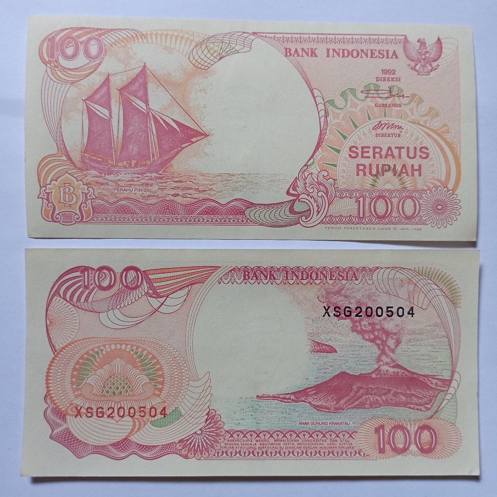 seri x 100 rupiah uang kertas pinisi tahun 1992 baru asli