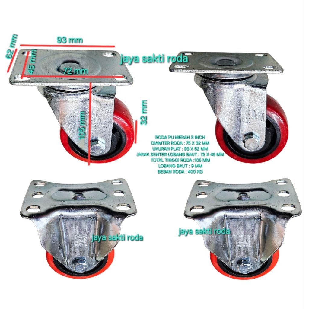 Roda pu merah 3 inch 2hidup 2mati beban roda 400 kg ball bearing