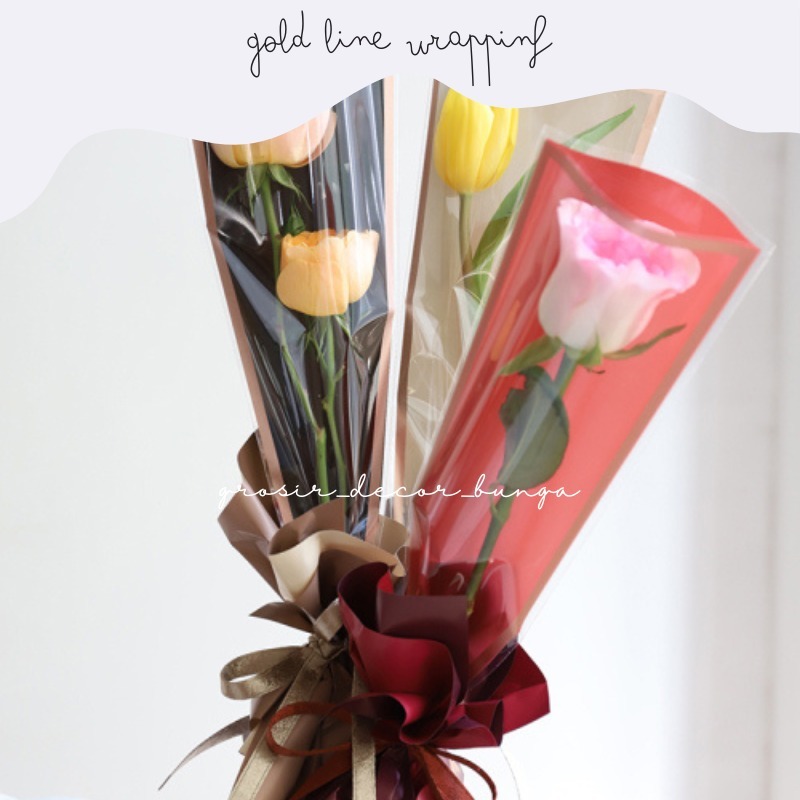 GOLD LINE SINGLE FLOWER BAG bouquet wrapping paper / kertas bunga satuan bunga buket mawar valentine