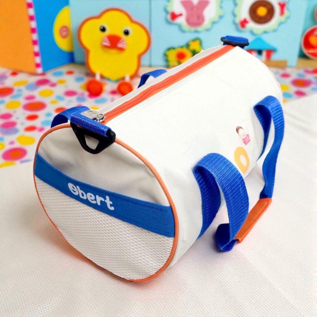 Baydo, Tas Mini Duffle Anak Warna Putih Orange – Custom Nama – Tas Travel & Souvenir Ulang Tahun Ana