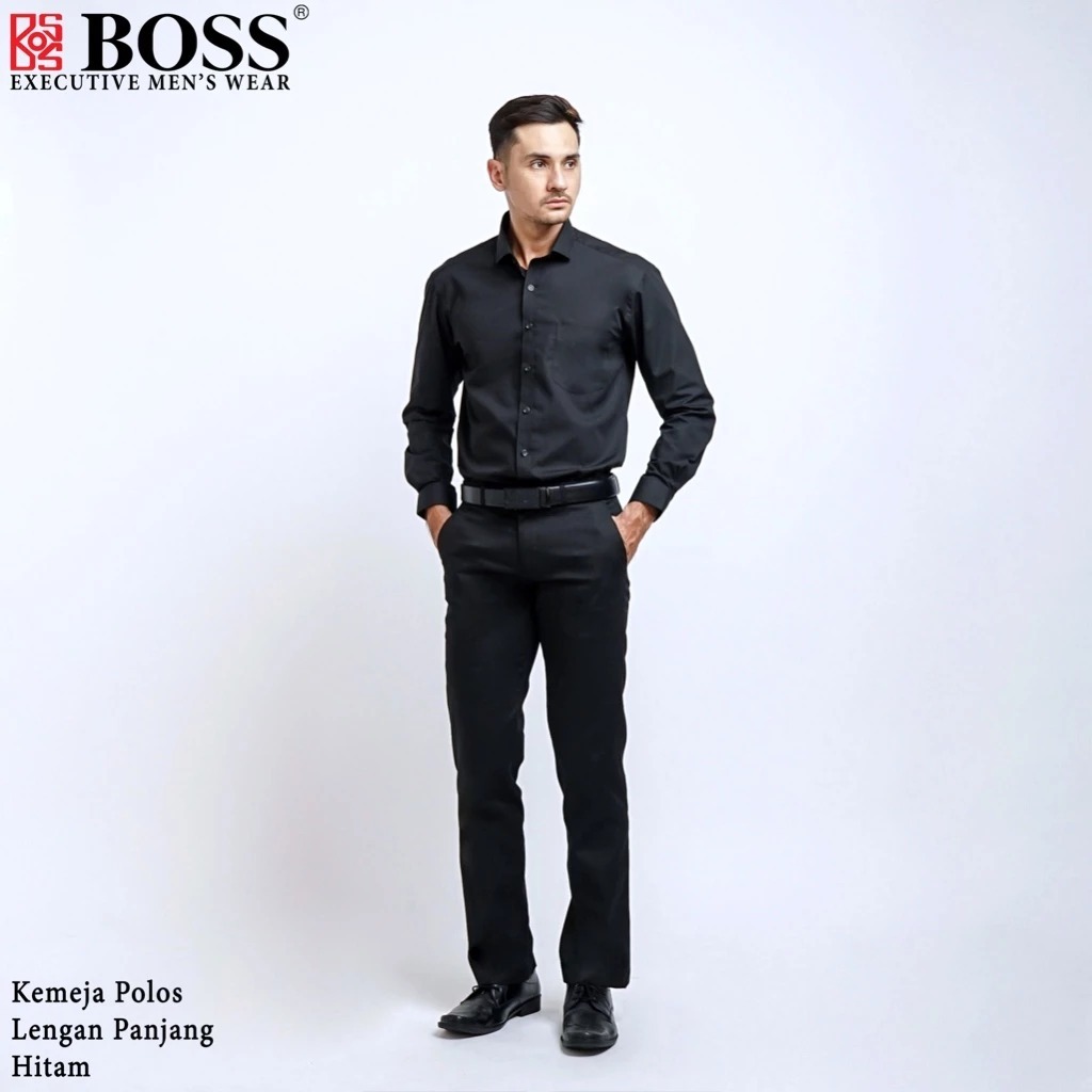 BOSS Kemeja Polos Pria Lengan Panjang Hitam